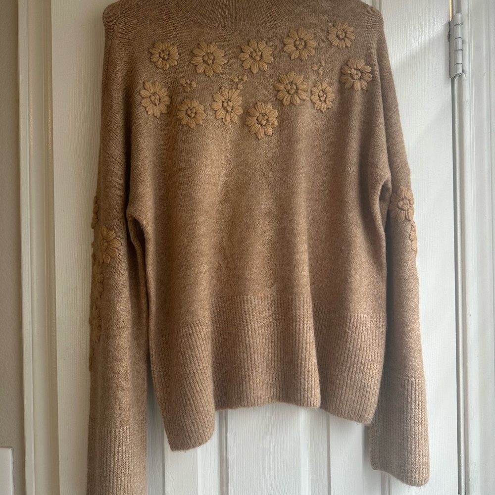 CeCe Tan Floral Turtleneck Sweater - Size S